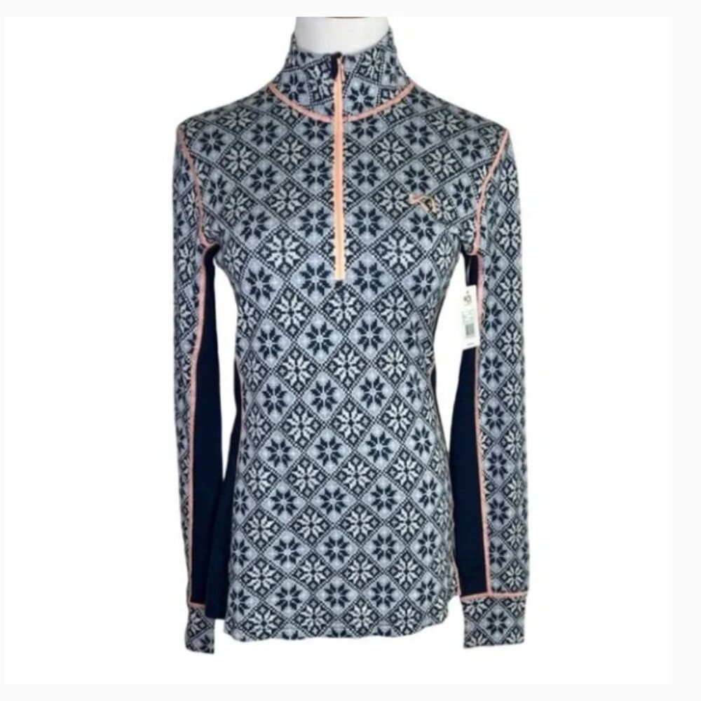 NWT Kari Traa Rose 1/2 Zip Top Size Large NWT Blue Multi 100% Wool Base Layer
